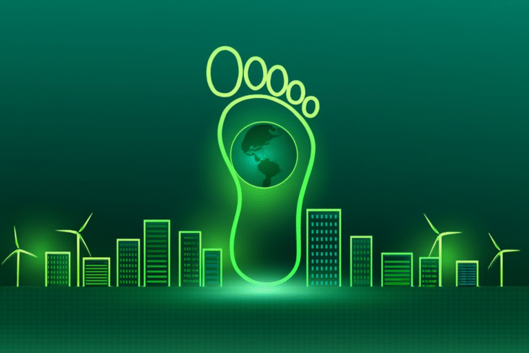 Green graphic depicting a glowing footprint outline containing a globe, situated above a stylized city skyline featuring skyscrapers and wind turbines.