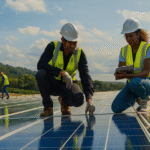 Two engineers in hard hats and safety vests inspect a large array of solar panels outdoors with a lush, green hillside visible under a partly cloudy sky.
