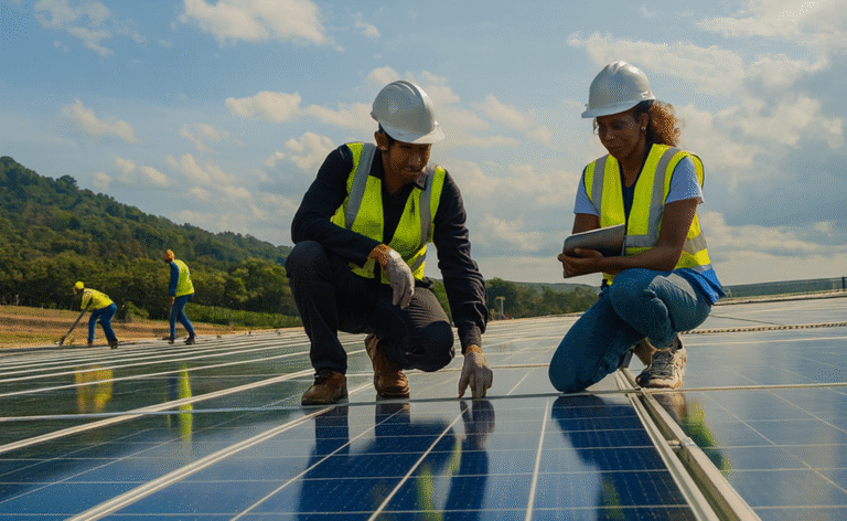 Two engineers in hard hats and safety vests inspect a large array of solar panels outdoors with a lush, green hillside visible under a partly cloudy sky.