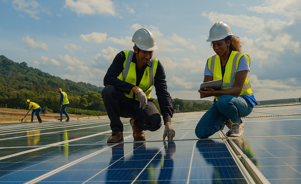 Two engineers in hard hats and safety vests inspect a large array of solar panels outdoors with a lush, green hillside visible under a partly cloudy sky.