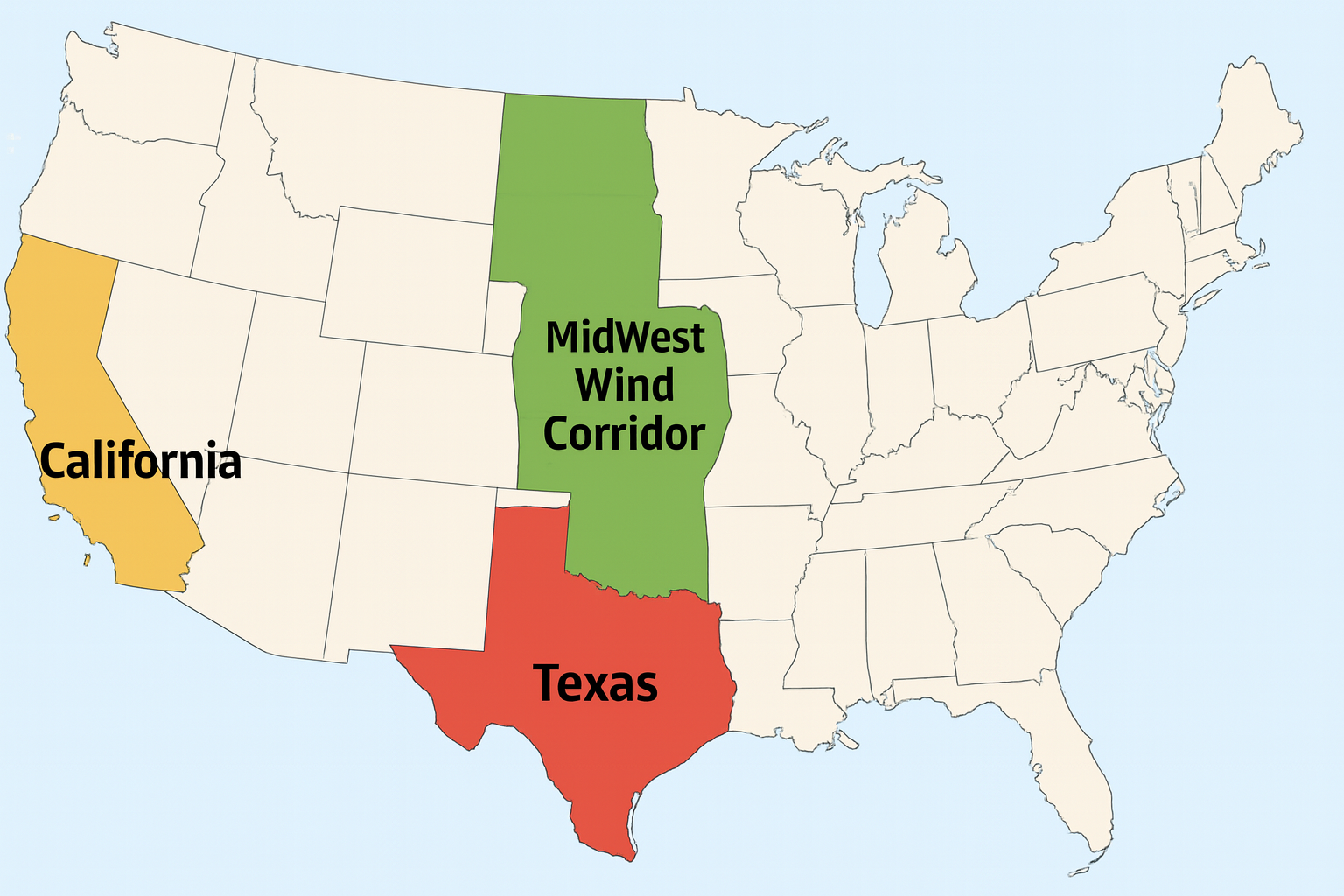 Map of the United States highlighting California (yellow), Texas (red), and the Midwest Wind Corridor (green).