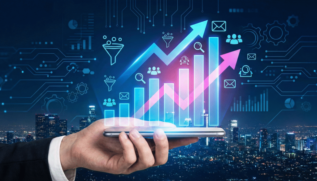 A hand holding a smartphone over a nighttime city skyline displays holographic charts, rising arrows, and digital icons representing data and business growth.