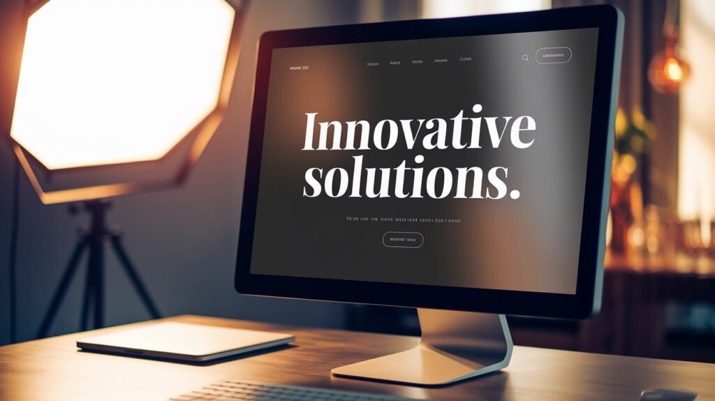 Desktop monitor displaying a dark website with the text "Innovative solutions." beside a bright softbox light.