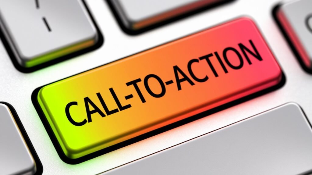 Close-up of a brightly colored, gradient orange and green keyboard key displaying the black text "CALL-TO-ACTION" surrounded by gray keys.