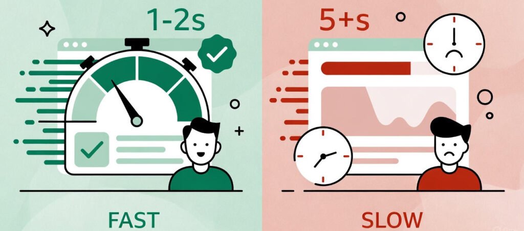 Illustration contrasting fast (1-2s load time, happy user) versus slow (5+s load time, sad user) website performance metrics.