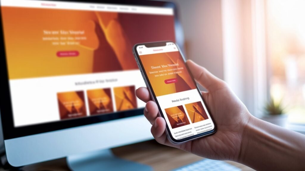 Hand holding a smartphone displaying a mobile website in front of a desktop monitor showing the corresponding responsive website design.