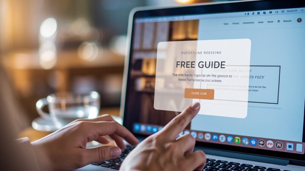 Close-up of hands using a laptop displaying a "FREE GUIDE" pop-up window over a website interface.